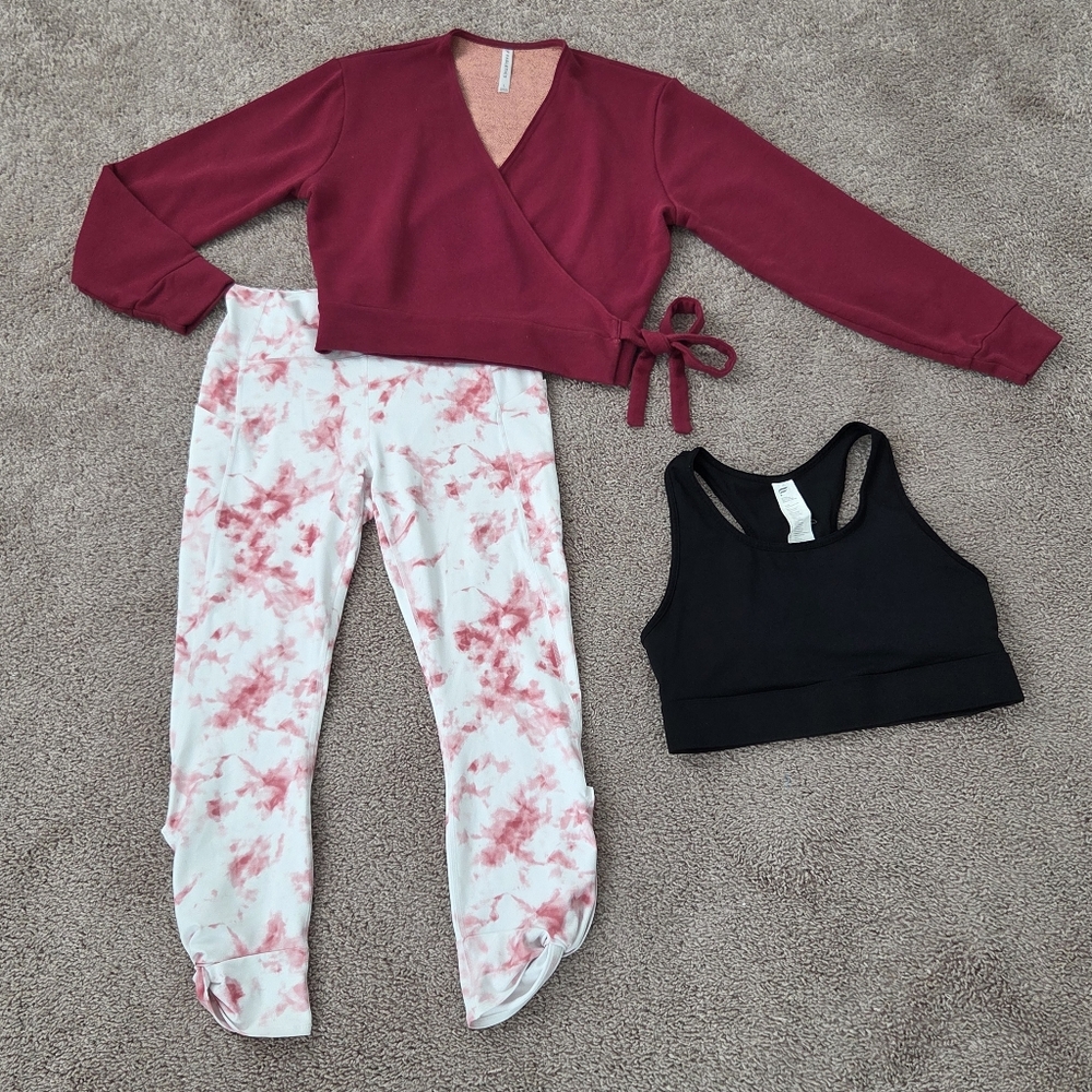 Fabletics Maroon/Pink and White Tie-Dye Leggings